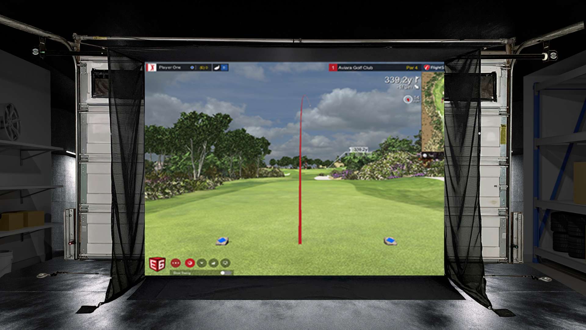 G-trak retractable golf practice screen with golf simulation software on screen.